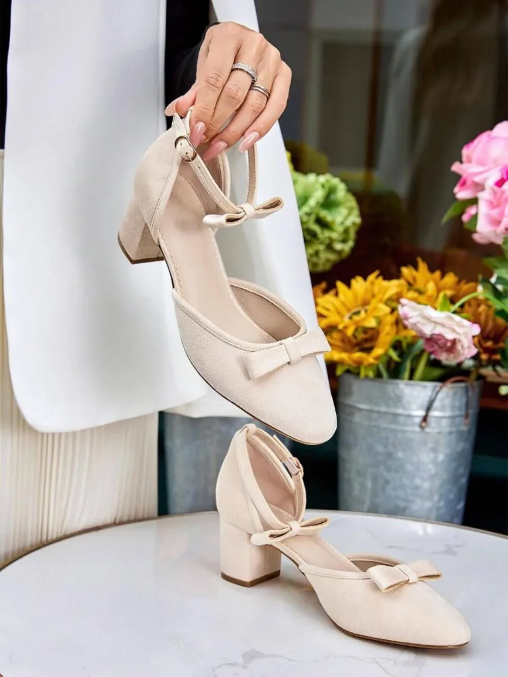 Women's Nude Chunky Low Heels Bow Closed Toe Ankle Strap Elegant Wedding Pumps